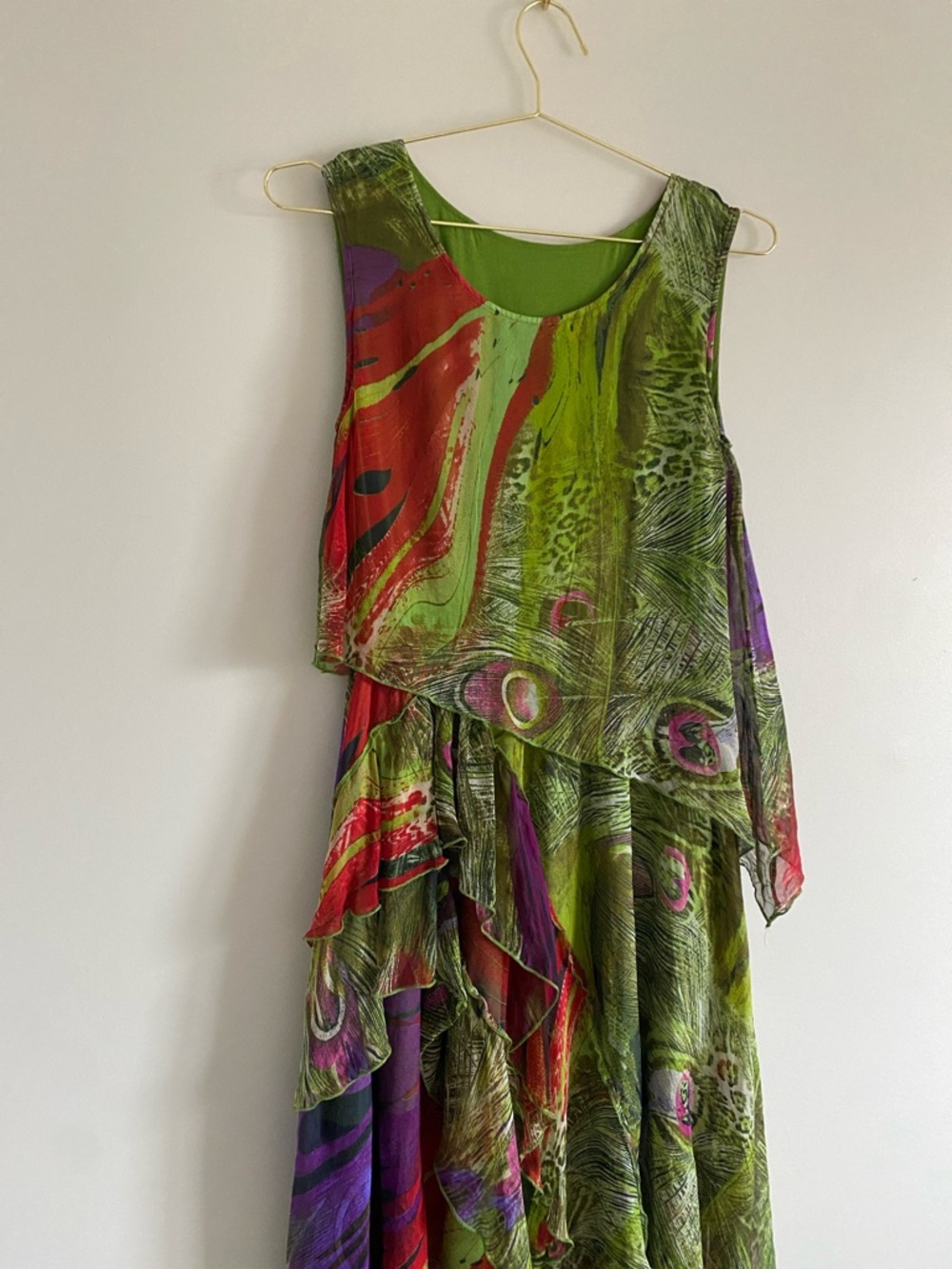 Silk Layered Handkerchief Dress | Abstract Feather Print | Free Size - Picture 3 of 10
